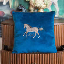 Load image into Gallery viewer, Monogrammed Velour Blue Horse Pillow
