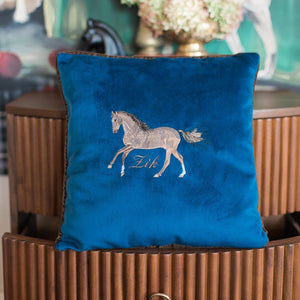 Monogrammed Velour Blue Horse Pillow