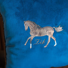 Load image into Gallery viewer, Monogrammed Velour Blue Horse Pillow
