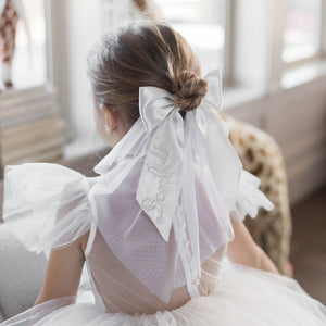 White Satin Tulle Pearl Bow With Tulle