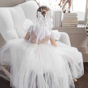 White Satin Tulle Pearl Bow With Tulle
