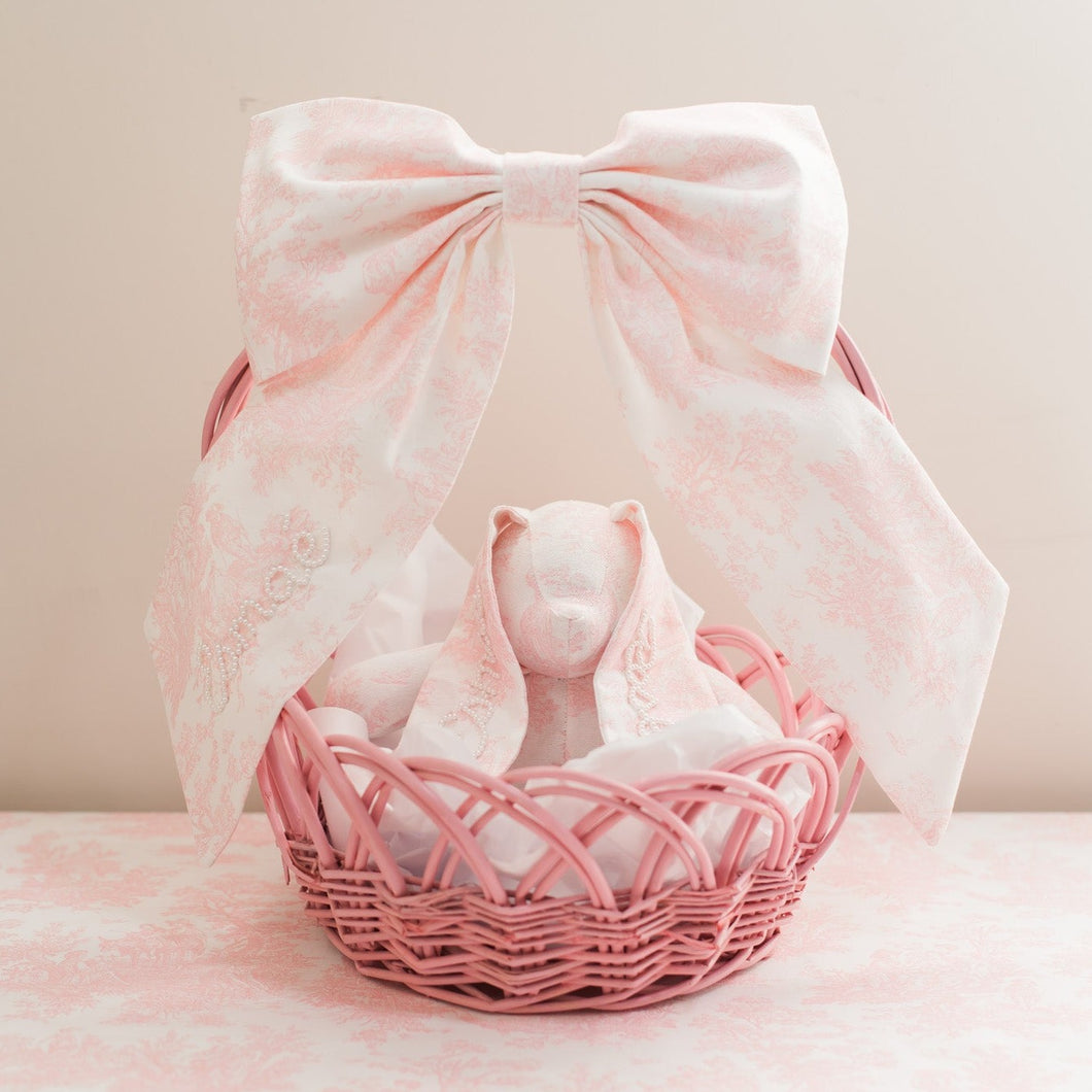 Pink Toile Pearl Easter Basket Bow & Bunny