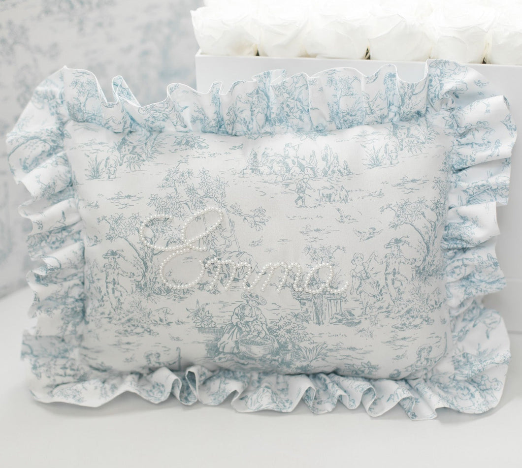 Toile Ruffle Pearl Bespoke Pillow