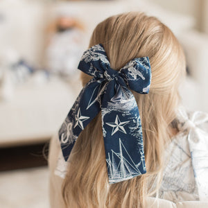 Navy Toile Pearl Bow