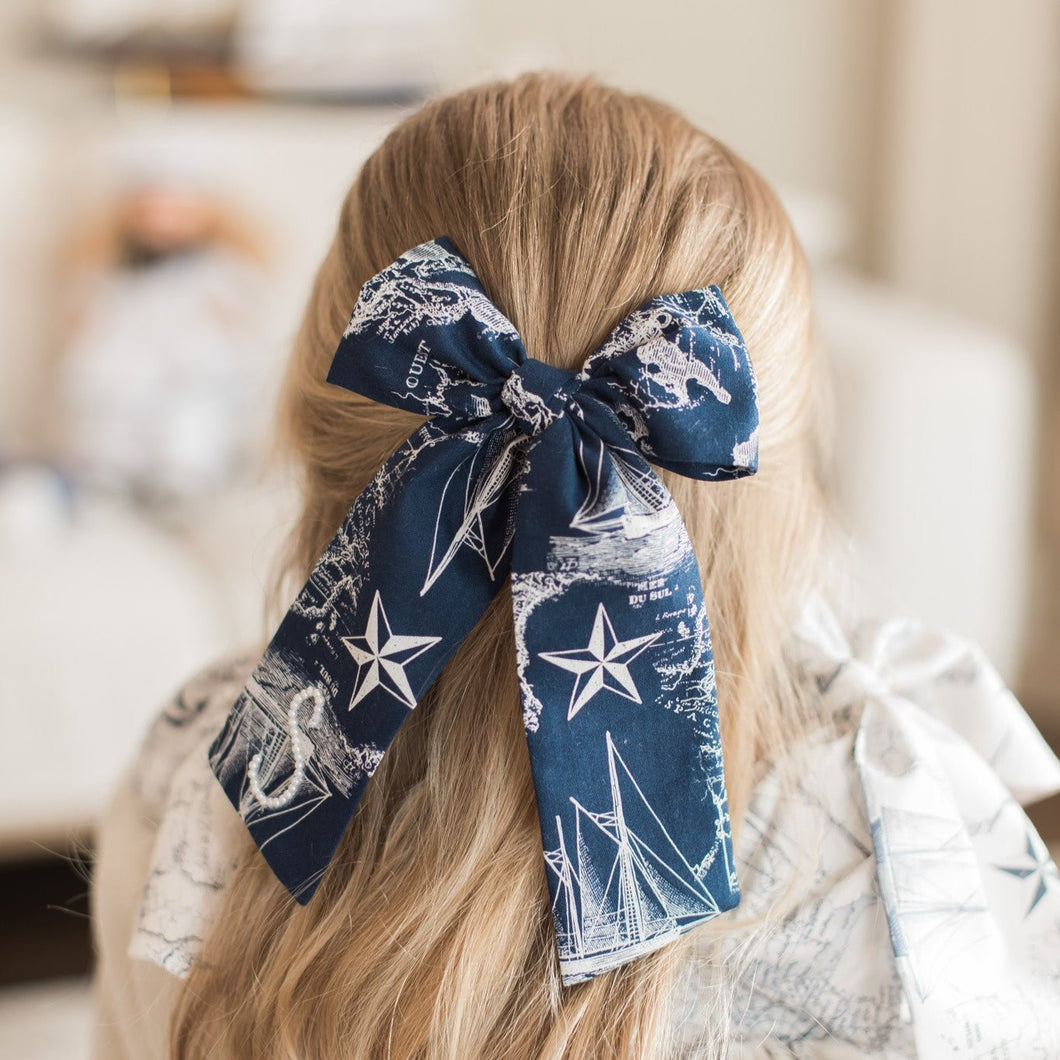 Navy Toile Pearl Bow