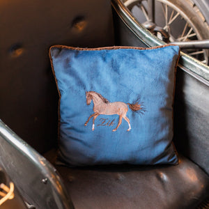 Monogrammed Velour Blue Horse Pillow