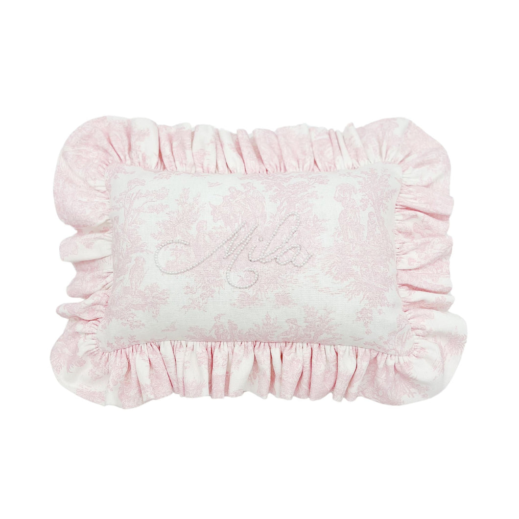 Pink Toile Ruffle Pearl Bespoke Pillow