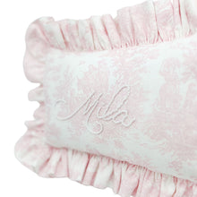 Load image into Gallery viewer, Pink Toile Ruffle Pearl Bespoke Pillow
