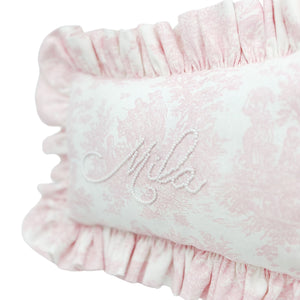 Pink Toile Ruffle Pearl Bespoke Pillow