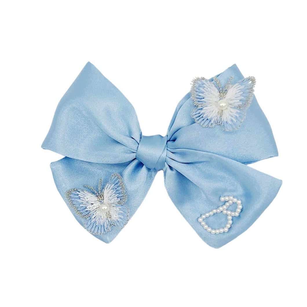Blue Initial Butterfly Pearl Bow