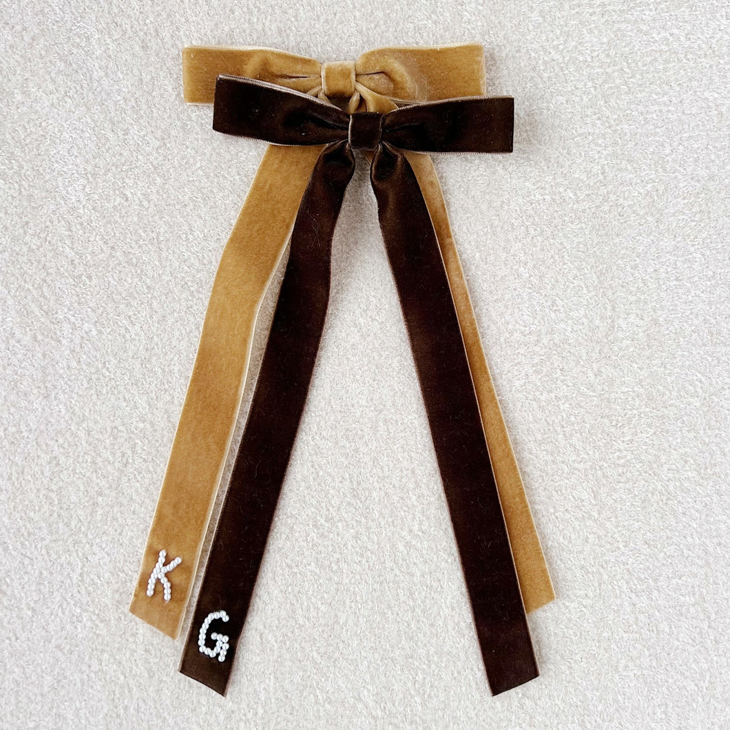 Caramel/Brown Long Velvet Initial Bow
