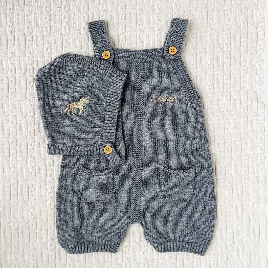 Personalized Gray Horse Baby Knit Set