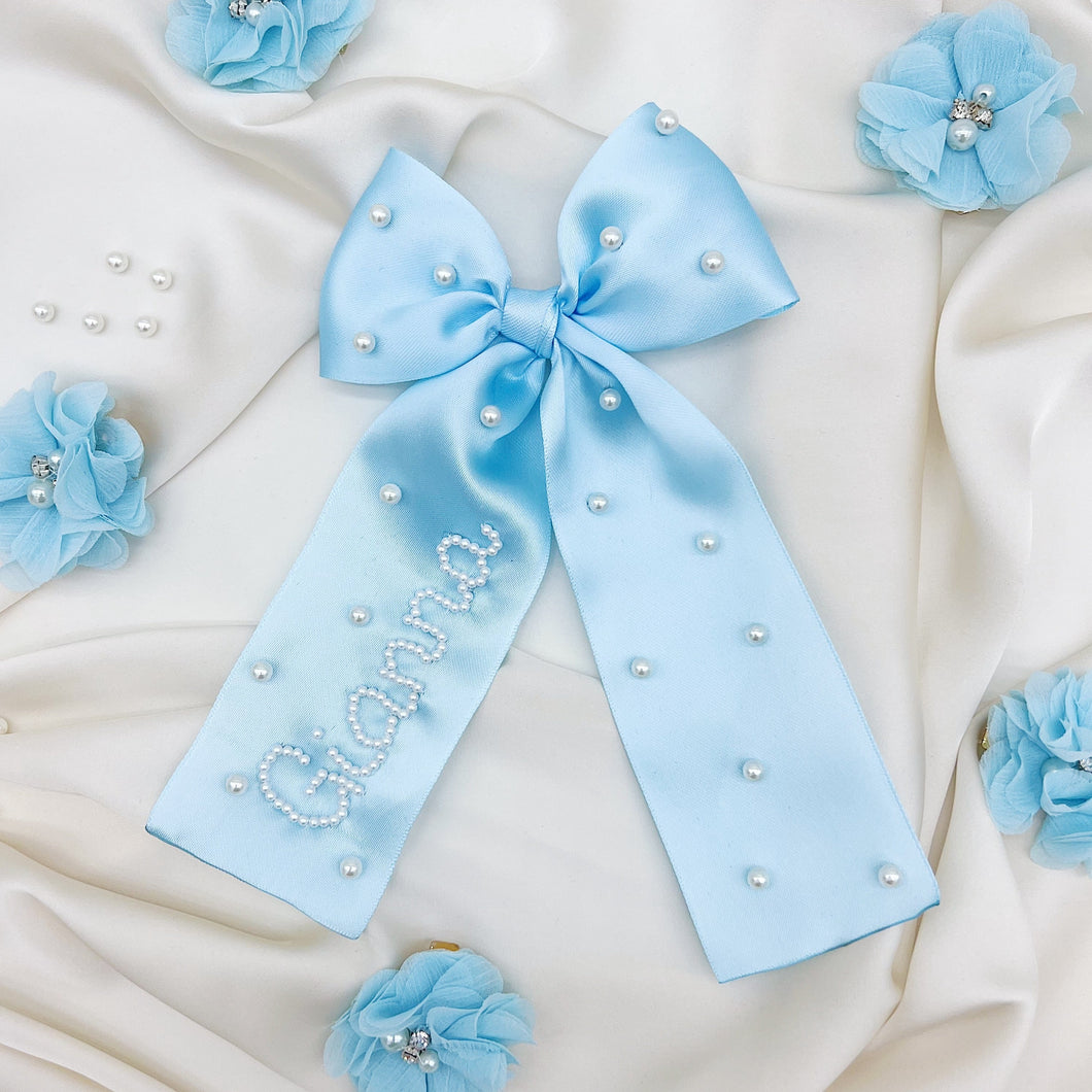 Baby Blue Ribbon Pearl Bow