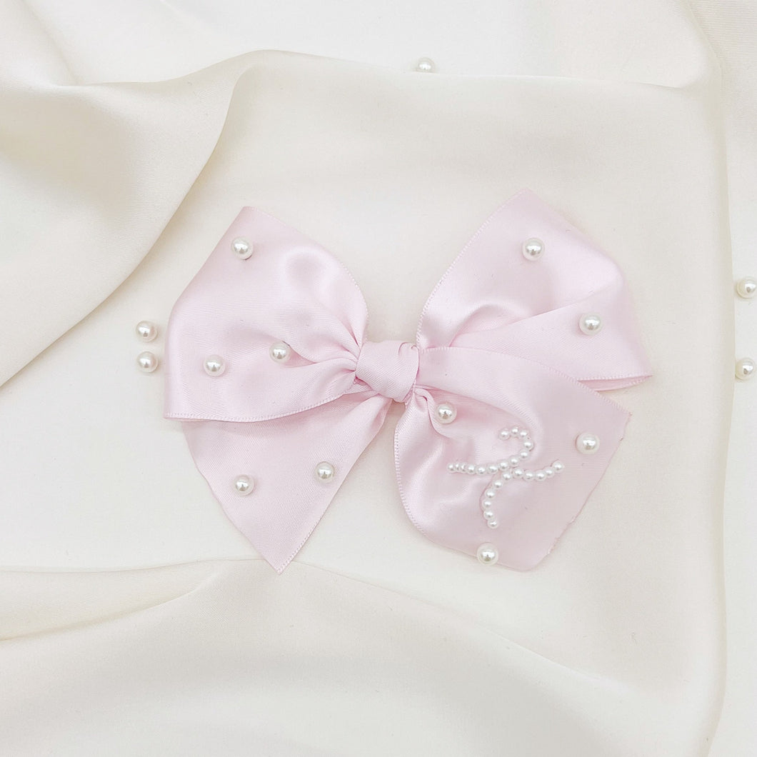 Pink Initial Ribbon Pearl Bow