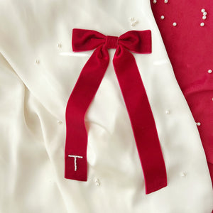 Luxe Red Long Velvet Initial Bow