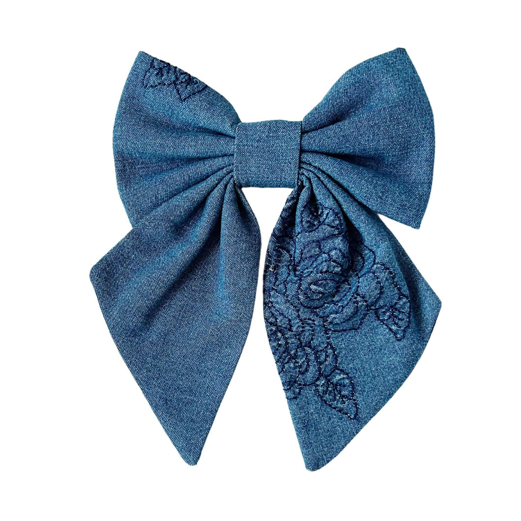 Embroidered Floral Denim Bow