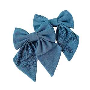 Embroidered Floral Denim Bow