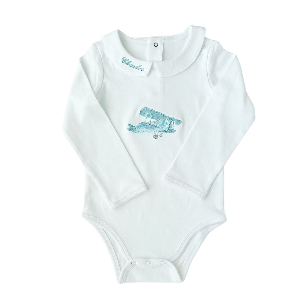 Name: Charles - Blue Airplane Baby Onesie and Pacifier Clip {RTS}