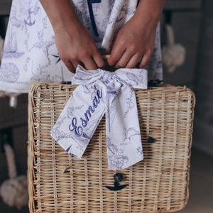 White Nautical Toile Personalized Bow