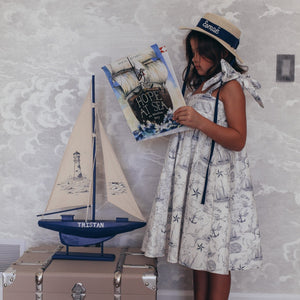 White Nautical Toile Bow Dress