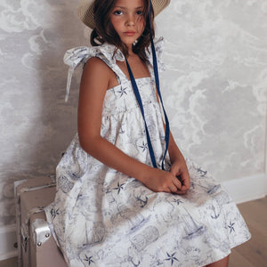 White Nautical Toile Bow Dress