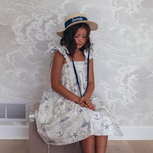 White Nautical Toile Bow Dress