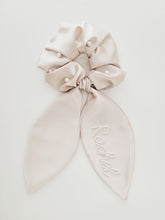 Load image into Gallery viewer, Taupe Personalized Scrunchie With Pearls
