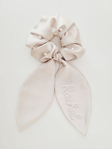 Taupe Personalized Scrunchie With Pearls