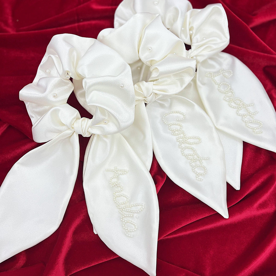 Ivory Personalized Scrunchie With Pearls