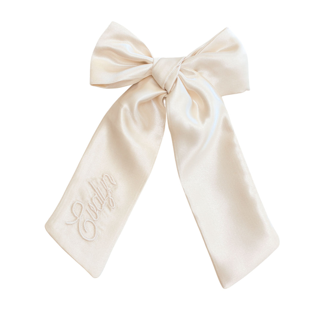 Ivory Satin Monogrammed Bow with Name