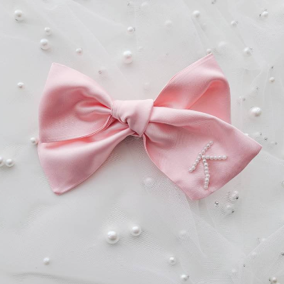 Pink Satin Oversized Bow with Pearl Initial – Bebetheory