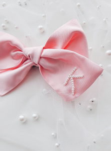 Pink Satin Oversized Bow with Pearl Initial
